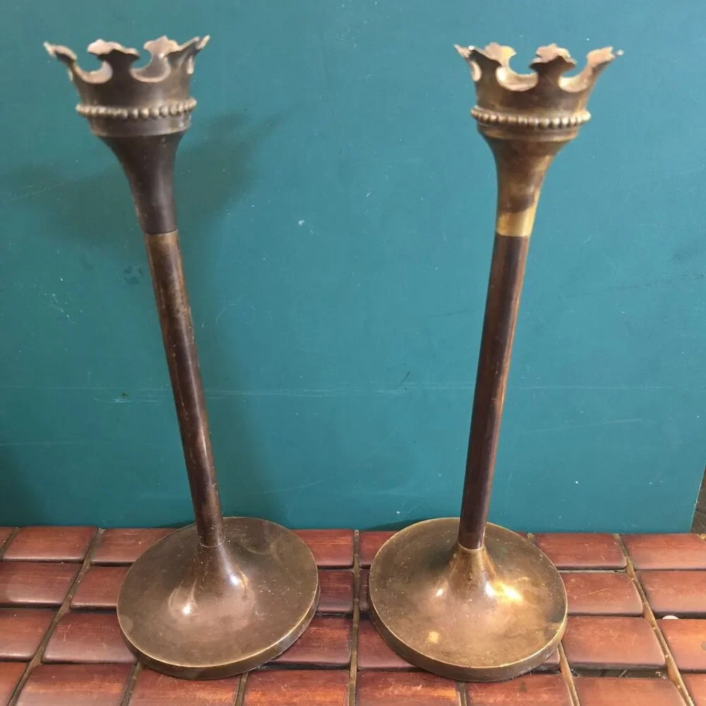 Bronze Crown Candle Holder Pair Vintage Bombay Company 10